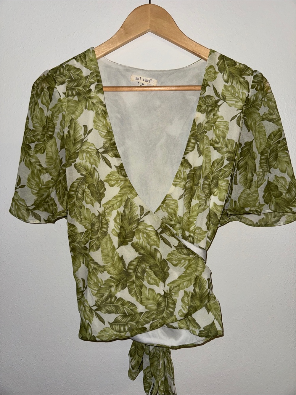 miami Olive Leaf Print Wrap Blouse - Short Sleeve Wrap around